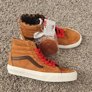 Women's Brown High-Top Vans with Red Laces